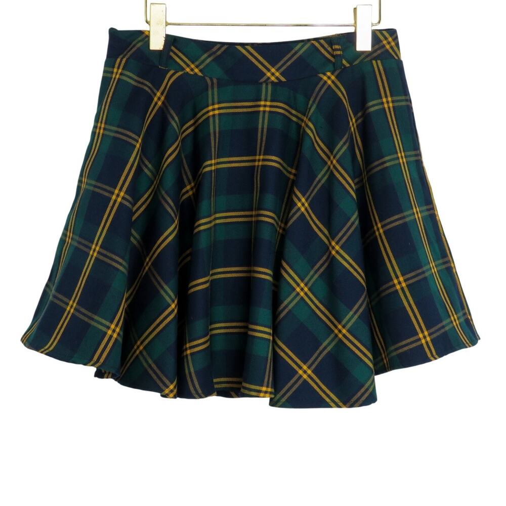Cider Navy Green & Yellow Plaid Flared Mini Skirt Preppy 30" School Girl - Picture 2 of 5